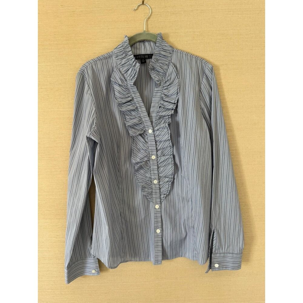 Lafayette 148 Ruffle-Front Striped Blouse – Size S